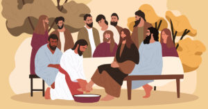 Biblical scene. Jesus washes the feet of the apostles. Flat cartoon vector illustration.